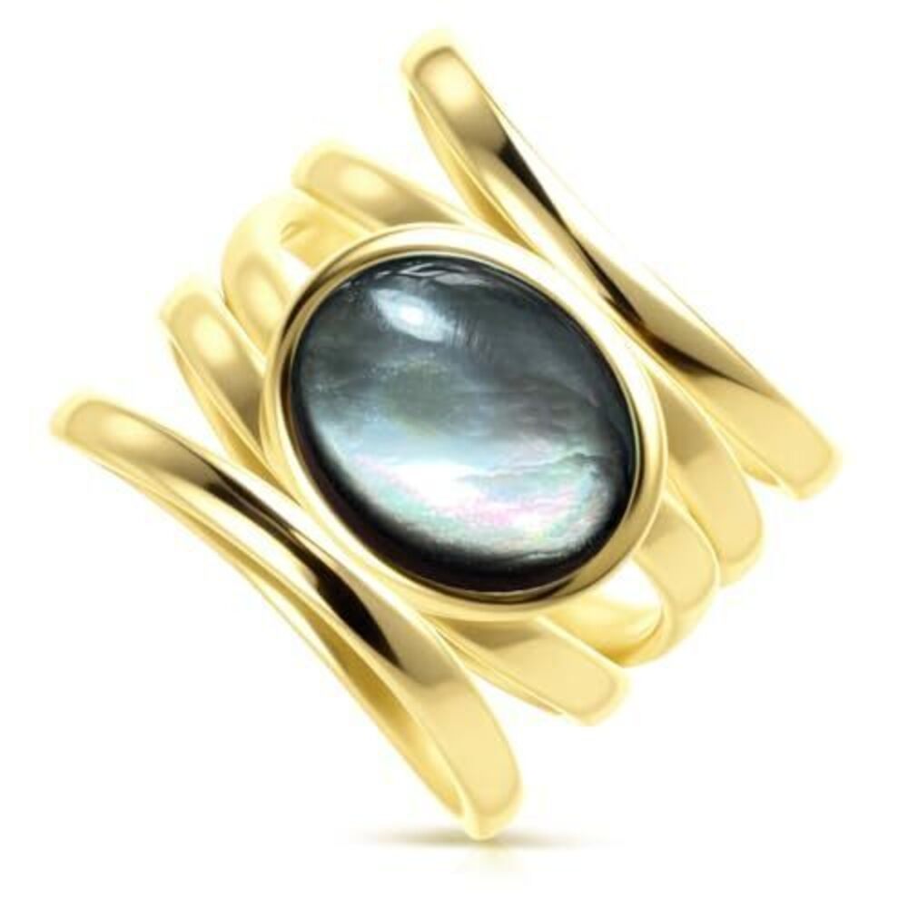 8473 Natural Black Shell Multi-Lines Wide Ring,18K Yellow Gold Plated Real